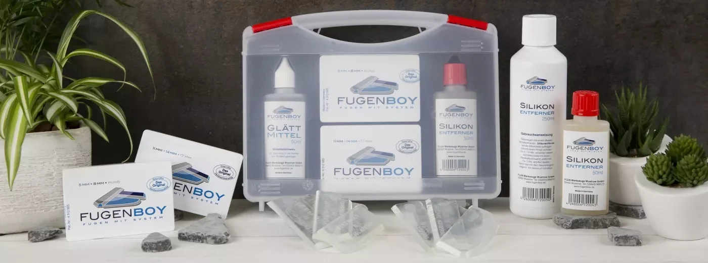 Die gesamte Fugenboy Produktpalette. Fugebnboy Kits, Profikoffer und Silikonentferner.